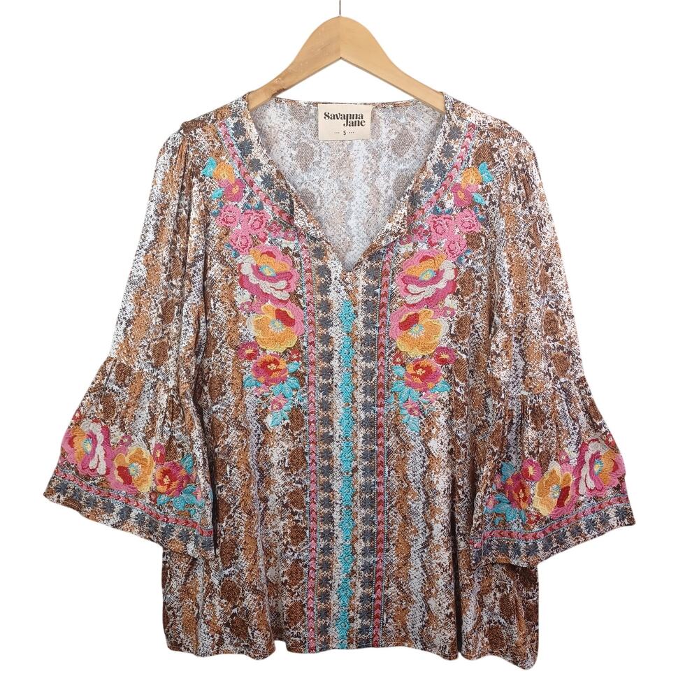 Savanna Jane Embroidered Floral Boho Top Small Festival Peasant Folk Artsy Tunic